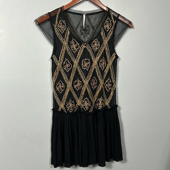 Free People S Black Mesh Tulle Shirt Beaded Embellished Boho Gypsy Tunic Top XS - Picture 4 of 9